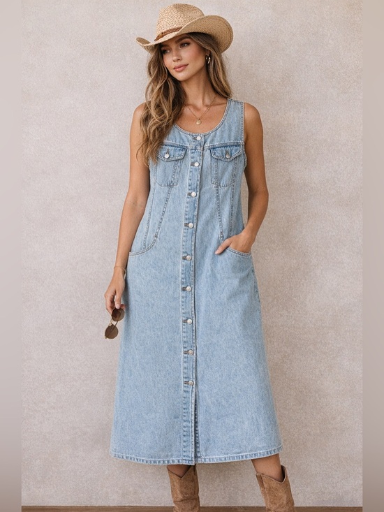 Vintage Dresses & Skirts - Vintage Nevada Denim Button Front Dress Size 14 Light Wash Midi Sleeveless